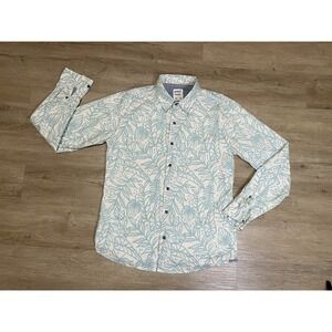 Reverse Threads Leaf Print Shirt Sz L Blue White Button Down Long Sleeve